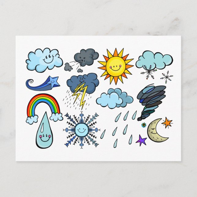Niedlicher Cartoon Sky Wetter Doodles Klima Jahres Postkarte (Vorderseite)