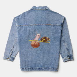 Niedlicher Cartoon Snail auf einer Pflanze mit pos Jeansjacke