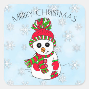 Niedlicher Cartoon Snowman Snowflake Weihnachten Quadratischer Aufkleber