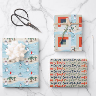 Niedlicher Cartoon Snowmen auf einem Strandurlaub Geschenkpapier Set