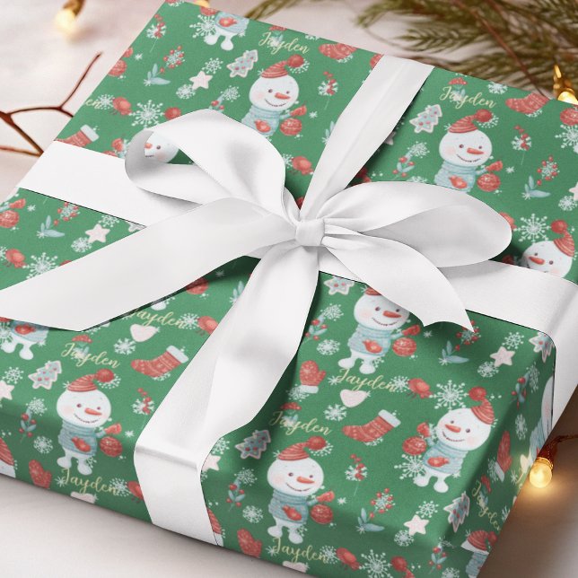 Niedlicher Cartoon Snowmen Roter Grüner Brauch Geschenkpapier (Cute Cartoon Snowmen Red Green Custom Wrapping Paper
)