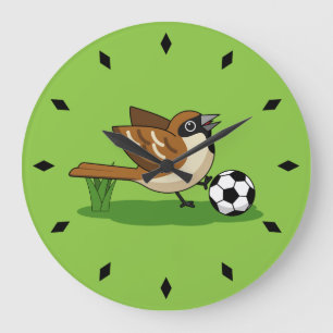 Niedlicher Cartoon-Sparrow-Fußballspieler Große Wanduhr
