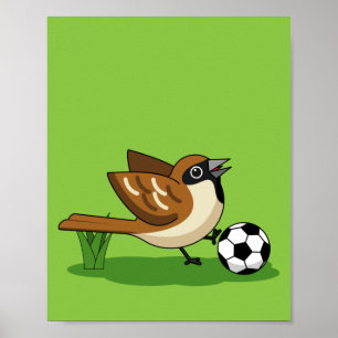 Niedlicher Cartoon-Sparrow-Fußballspieler Poster