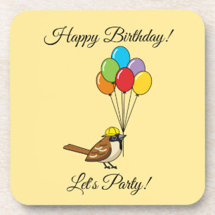 Niedlicher Cartoon Sparrow mit Balloons Geburtstag Getränkeuntersetzer
