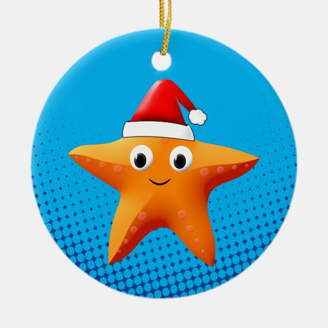 Niedlicher Cartoon Starfish Weihnachtsmannmütze Keramik Ornament (Vorne)