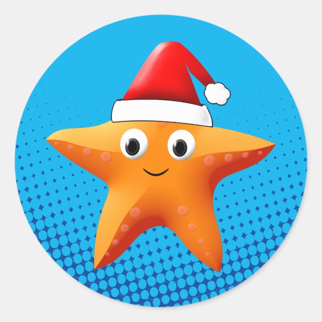 Niedlicher Cartoon Starfish Weihnachtsmannmütze Runder Aufkleber (Vorderseite)