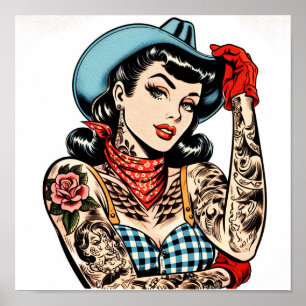 Niedlicher Cartoon Tattoo Cowgirl Poster