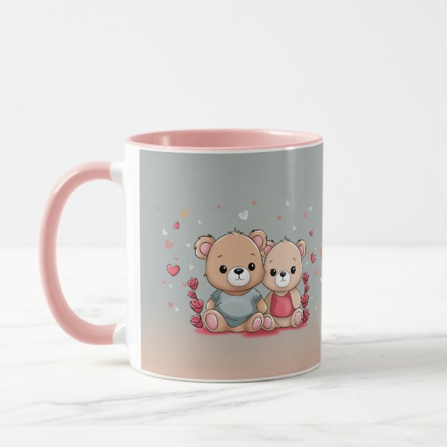 Niedlicher Cartoon Teddy Lovers Herz Valentinstag Tasse (Links)