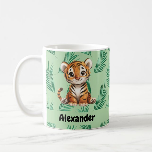 Niedlicher Cartoon Tiger über tropische Blätter Kaffeetasse (Links)