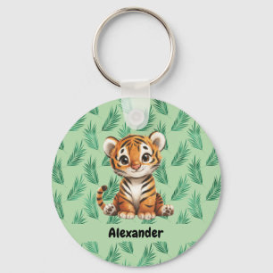 Niedlicher Cartoon Tiger über tropische Blätter Schlüsselanhänger