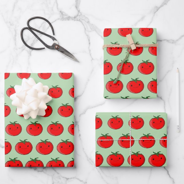 Niedlicher Cartoon Tomato Pattern Grün Geschenkpapier Set (Vorderseite)