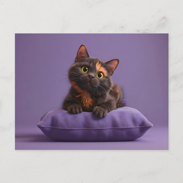Niedlicher Cartoon Tortoiseshell Kitten auf Lila C Postkarte (Vorderseite)