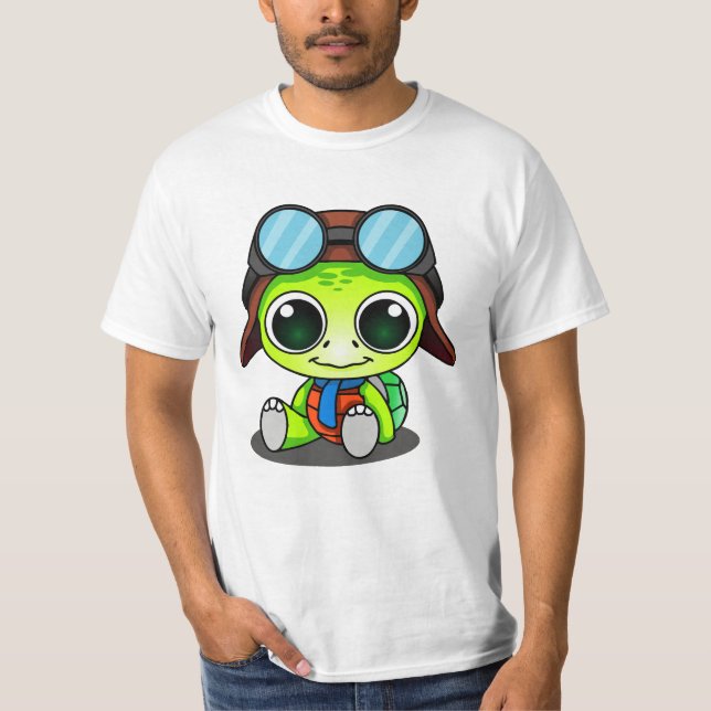 Niedlicher Cartoon Turtle in Aviator Hat T-Shirt (Vorderseite)