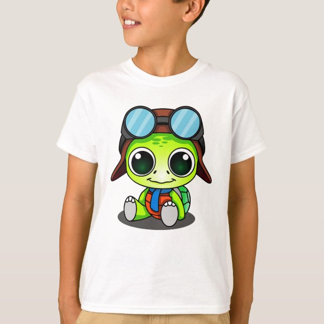 Niedlicher Cartoon Turtle in Aviator Hat T-Shirt (Vorderseite)