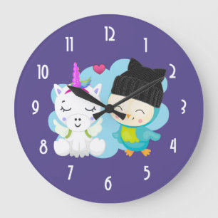 Niedlicher Cartoon Unicorn & Bird Pals Große Wanduhr
