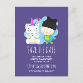 Niedlicher Cartoon Unicorn & Bird Save the Date Postkarte