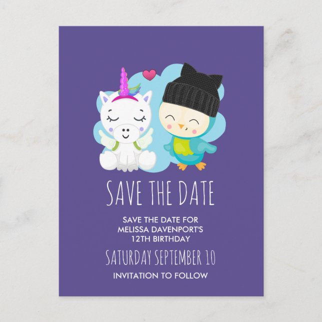 Niedlicher Cartoon Unicorn & Bird Save the Date Postkarte (Vorderseite)