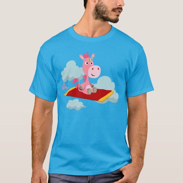 Niedlicher Cartoon Unicorns magischer Teppichfahre T-Shirt (Vorderseite)