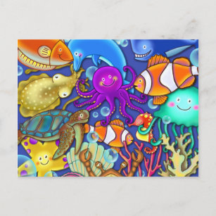 Niedlicher Cartoon Unterwasserkorallenriff - Welt  Postkarte