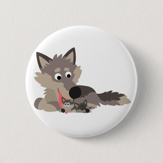 Niedlicher Cartoon Vater Wolf und Pups Button Abze (Vorderseite)