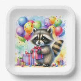 Niedlicher Cartoon Wasserfarbe Raccoon Geburtstag Pappteller