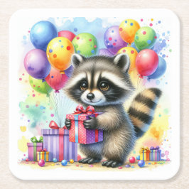 Niedlicher Cartoon Wasserfarbe Raccoon Geburtstag Rechteckiger Pappuntersetzer