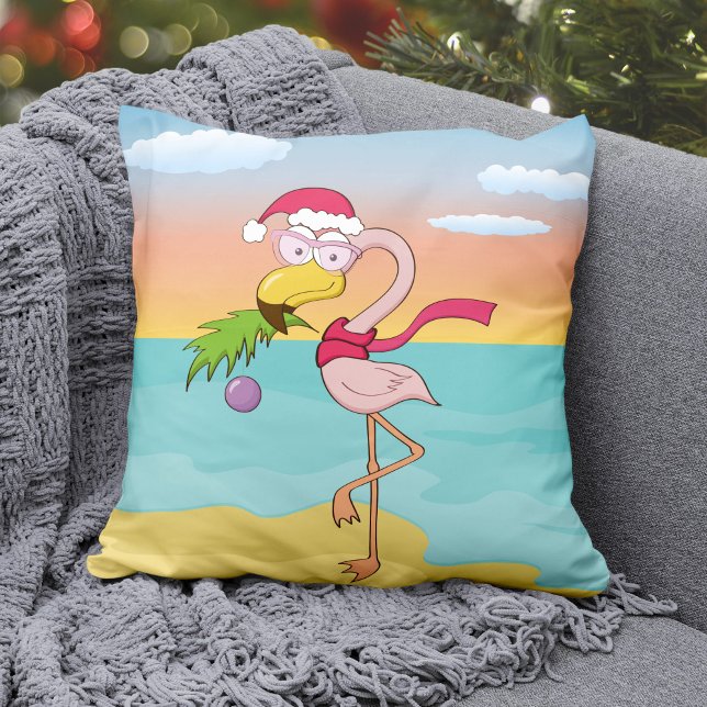 Niedlicher Cartoon Weihnachts-Flamingo am Strand Kissen (Von Creator hochgeladen)