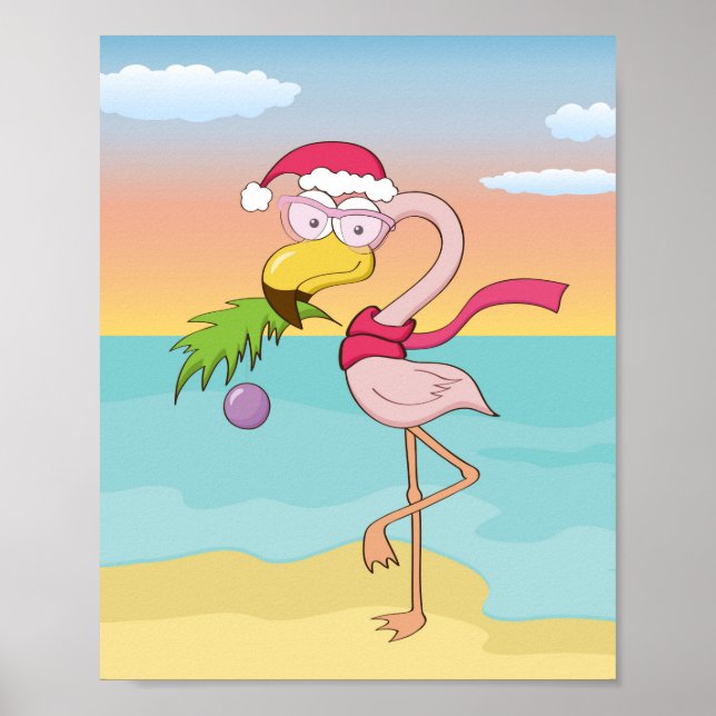 Niedlicher Cartoon Weihnachts-Flamingo am Strand Poster (Vorne)