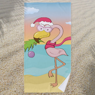 Niedlicher Cartoon Weihnachts-Flamingo am Strand Strandtuch