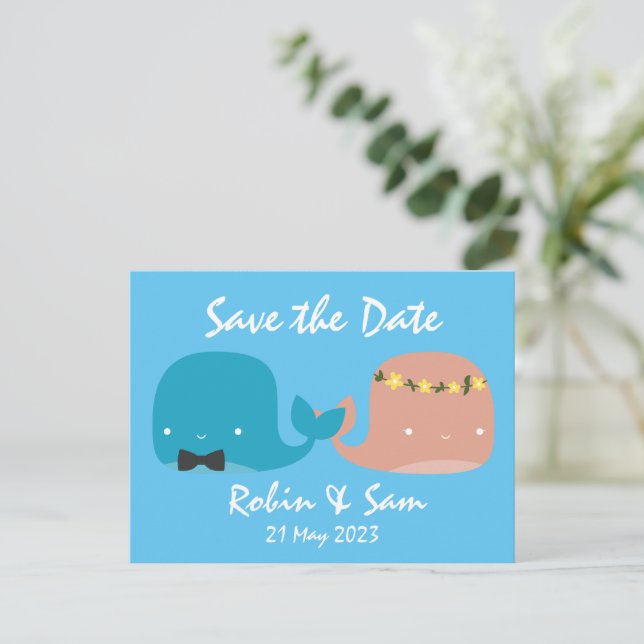 Niedlicher Cartoon Whales Save the Date Einladungspostkarte (Stehend Vorderseite)