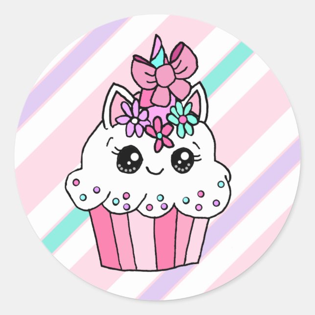 Niedlicher Cartoon Whimsical Pink Einhorn Cupcake Runder Aufkleber (Vorderseite)