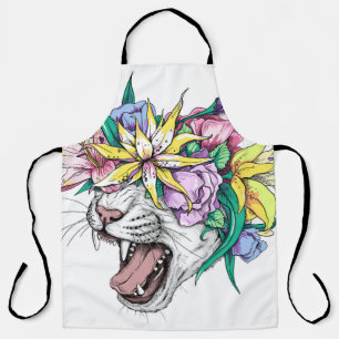 Niedlicher Cartoon Wildkatze Kopf in einem Blumenk Schürze