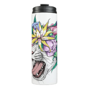 Niedlicher Cartoon Wildkatze Kopf in einem Blumenk Thermosbecher