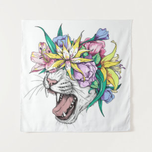 Niedlicher Cartoon Wildkatze Kopf in einem Blumenk Wandteppich