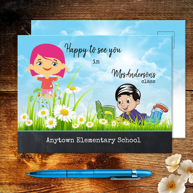 Niedlicher Cartoon Willkommen zurück auf der Postk Postkarte (A cheerful postcard featuring a cartoon design with happy children, eager to go back to school.)