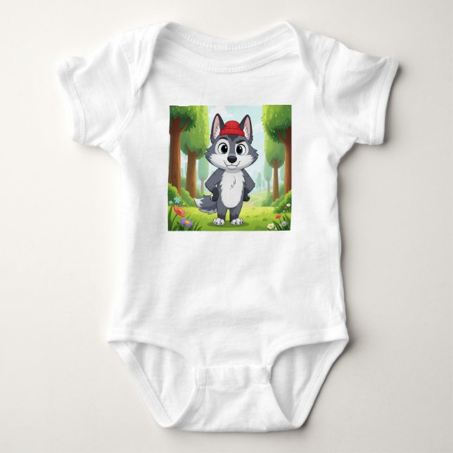 "Niedlicher Cartoon Wolf Baby Bodysuit - Wald Baby Strampler (Vorderseite)