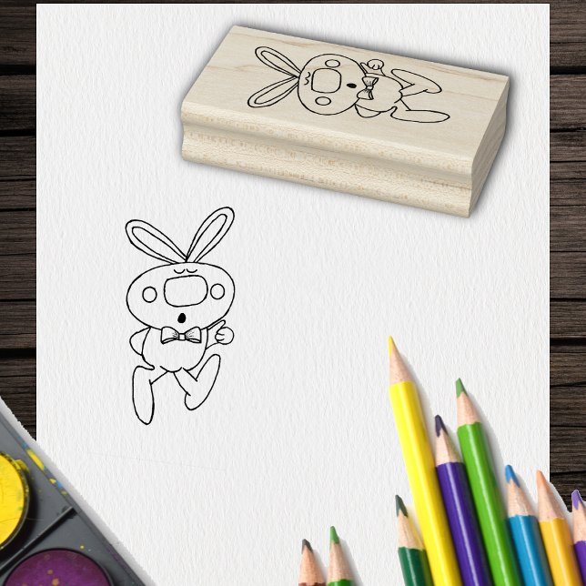 Niedlicher Cartoon Zeichne sich über die sonnige K Gummistempel (Fun Cartoon rabbit thumbs up big nose bow tie on crafting rubber stamp.)