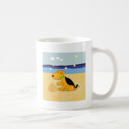 Niedlicher Cartoonairedale-Terrier-Hund an der Kaffeetasse