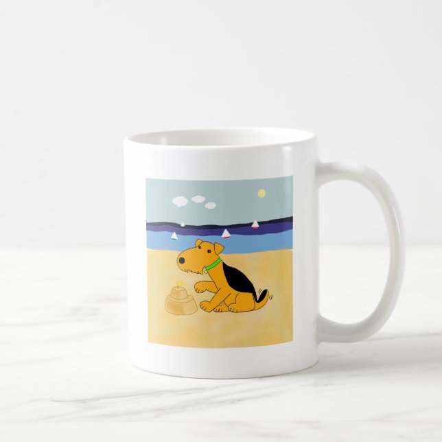 Niedlicher Cartoonairedale-Terrier-Hund an der Kaffeetasse (Rechts)