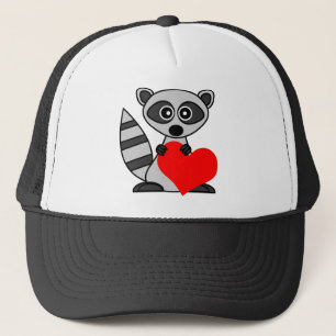 Niedlicher CartoonRaccoon, der Herz hält Truckerkappe