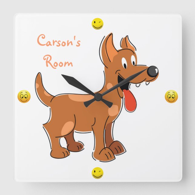 Niedlicher Cartoonwelpenhund Quadratische Wanduhr (Vorderseite)