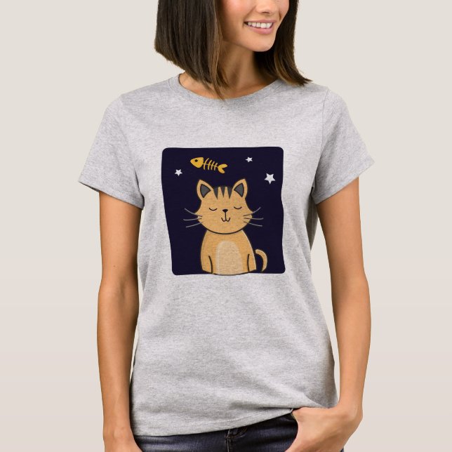 Niedlicher Cat and Fish Dreams T - Shirt, Katzen L T-Shirt (Vorderseite)