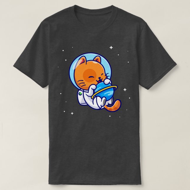 Niedlicher Cat Astronaut-Umarmungsplaner im Weltra T-Shirt (Design vorne)