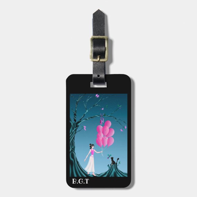 Niedlicher Cat & Ballerina am Mitternachtsbaum Gepäckanhänger (Vorderseite vertikal)