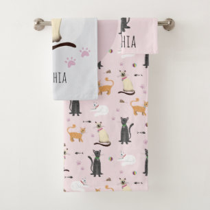 Niedlicher Cat Cartoon Pink Pattern & Name Kids Badhandtuch Set
