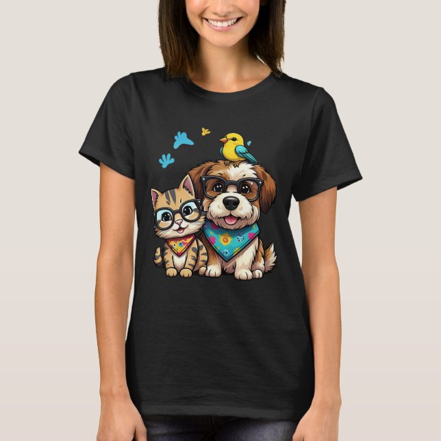 Niedlicher Cat & Dog Beste Freunde T - Shirt Spaß  (Vorderseite)