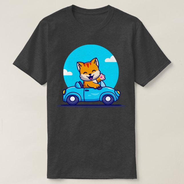 Niedlicher Cat Driving Car Cartoon T-Shirt (Design vorne)