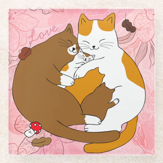 Niedlicher Cat Family Glass Untersetzer (Vorderseite)