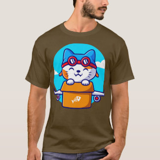 Niedlicher Cat-Flug mit Flugzeug-Cartoon auf Pappe T-Shirt