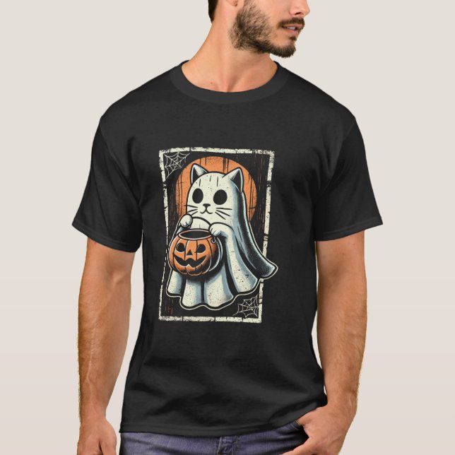 Niedlicher Cat Ghost Trick oder Treat Halloween Fu T-Shirt (Vorderseite)